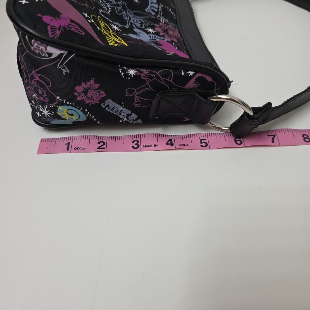 Y2K Vintage Disney Tinker Bell “Tink” Fairy Print Black Small Shoulder Bag Purse - Picture 11 of 12